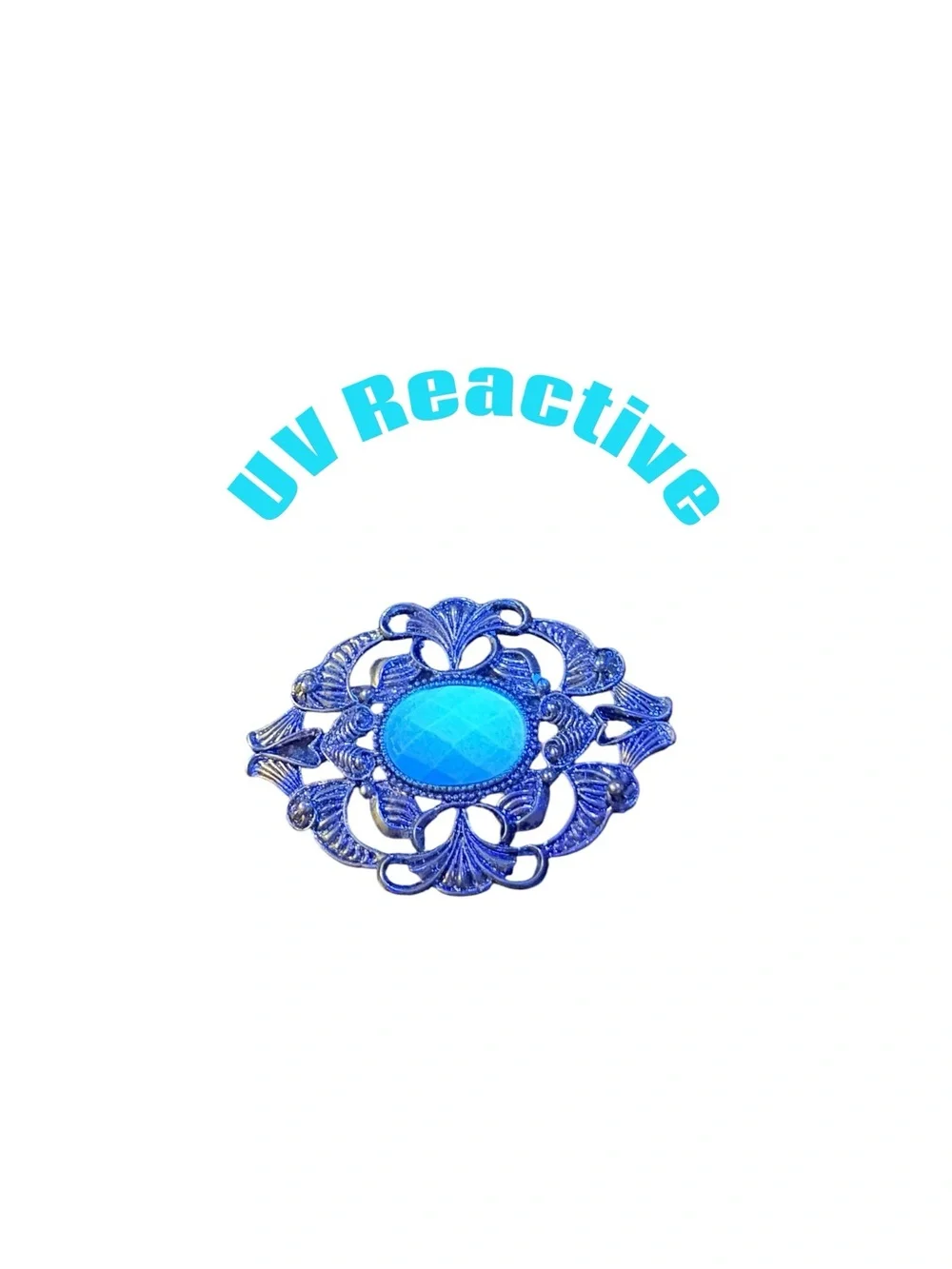 Vintage UV Reactive Blue Filigree Brooch Glow Glass Art Deco Brass Statement Pin